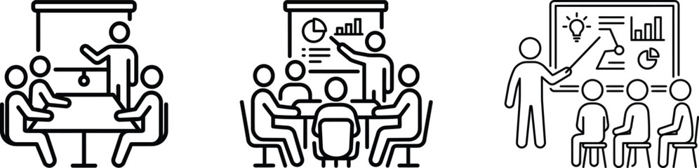 Fototapeta premium Presenter with idea lightbulb and chart board leading team meeting icon set, outline style, vector illustration for brainstorming, teamwork, conference, corporate training on transparent background