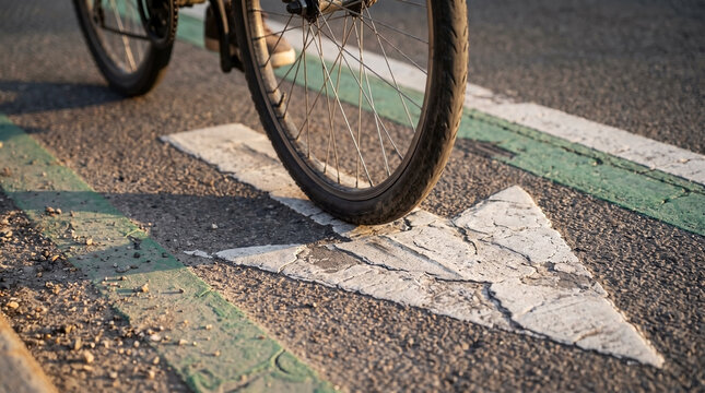 Urban bike lane featuring painted white directional arrow on asphalt road. Urban bike lane provides safe path for cyclists in city environment. Close up of urban bike lane with bicycle wheel moving.