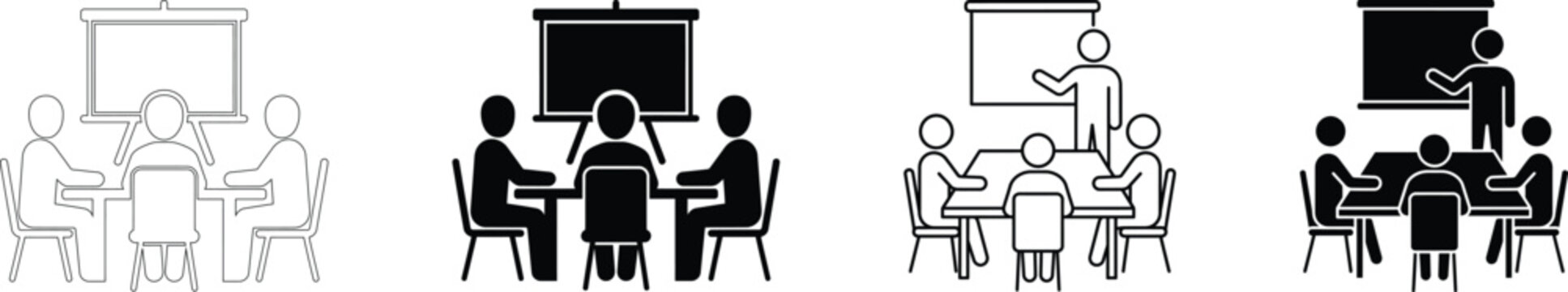 Team meeting around table with presentation board icon set, outline and solid style, vector illustration for boardroom discussion, teamwork, conference, corporate meeting on transparent background