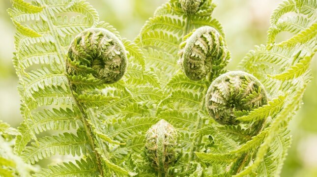 Close up of fresh green fern fiddleheads unfurling in the spring forest with bright natural light