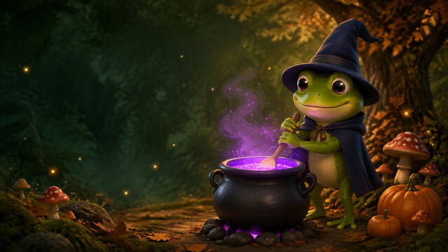 Cute 3D Frog Wizard Stirring Magical Purple Potion in Forest