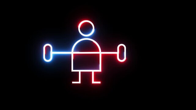 Neon weightlifter icon glowing in red and blue animation over dark background for fitness.
