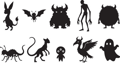 Fototapeta premium Spooky Halloween monsters and creepy creature silhouette vector icon set