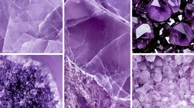 Various amethyst crystal formations and textures in purple hues