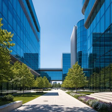 Modern office buildings with blue glass facades on a sunny day with green trees and paved walkway