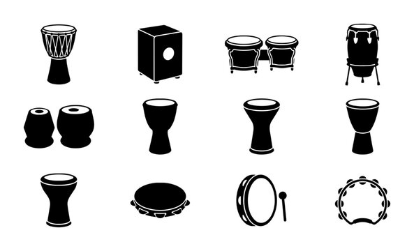 Diverse Drum Collection Vector Icons, Percussion Instruments Set, Musical Elements for Rhythm and Sound Design, Black and White Graphics