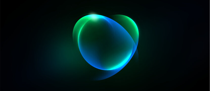 Abstract glowing orbs overlap, creating vibrant teal, blue hues. Dark background emphasizes luminosity, smooth gradients present.
