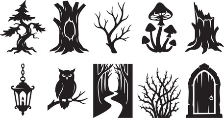 Fototapeta premium Spooky forest elements and mysterious nature silhouette vector icon set