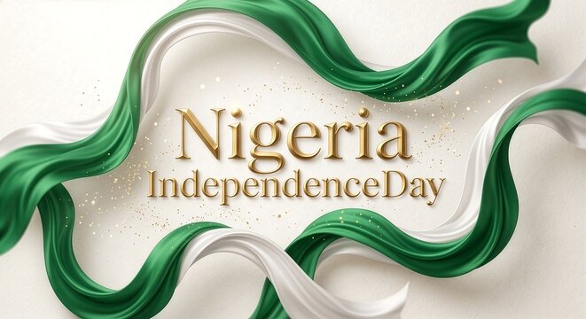 Nigeria Independence Day Celebration Background with Green and White Ribbons, Golden Confetti, and Elegant Festive Typography
