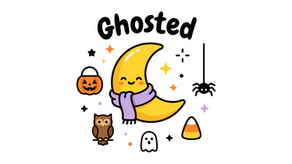 Naklejka premium Ghosted halloween illustration featuring a cute crescent moon wearing a scarf, surrounded by a pumpkin bucket, spider, owl, ghost, and candy corn