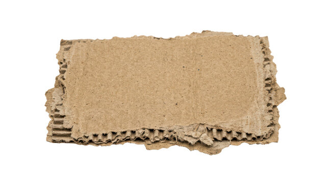 Torn brown corrugated cardboard piece isolated on transparent background