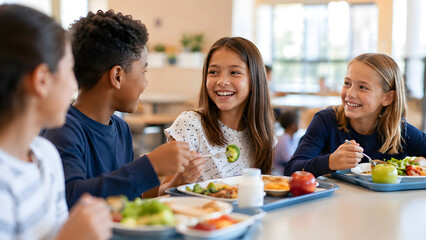 Obraz premium Teen Students Eating Lunch Together in School Cafeteria