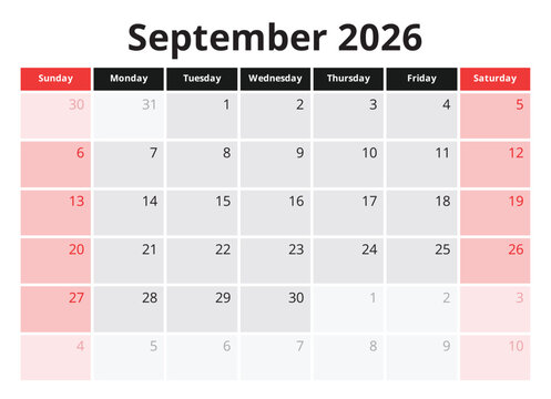 September 2026 planner calendar. English monthly page