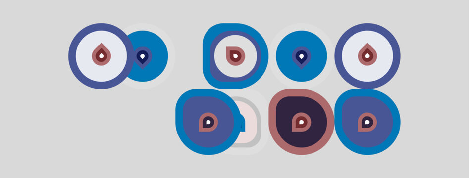 Colorful stylized evil eye amulets displayed. Round shapes, blue tones dominate design, protection symbols present.