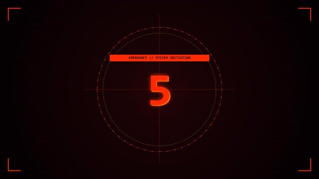 Emergency countdown system initiation animation sequence displaying changing numerical digits in a futuristic red neon circular motion video graphics project