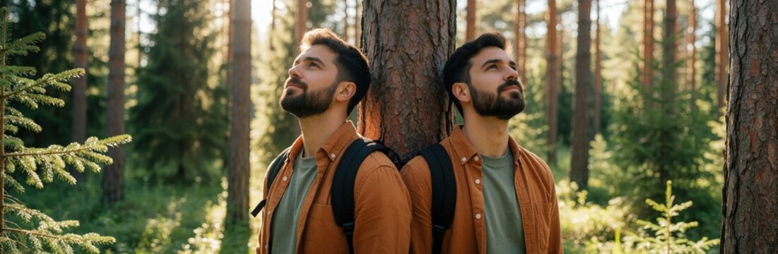 Two men with backpacks lean against tree trunk, looking up in pine forest sunlight. Friends explore nature, breathe fresh air, enjoy peaceful hike, outdoor recreation and journey.