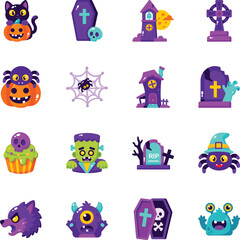 Fototapeta premium Flat Halloween icons featuring haunted places, graves, coffins, spiders, monsters, pumpkins, skull desserts, wolves, and spooky creatures. 