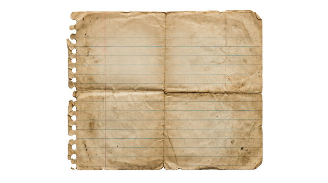Aged stained notebook paper with spiral binding isolated on transparent background