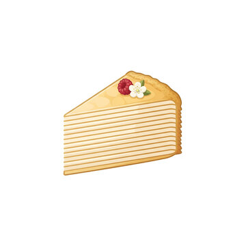 Slice of Mille Crepe Cake Layered Dessert topped with Raspberry and Flower Vector Illustration Isolated on White Background