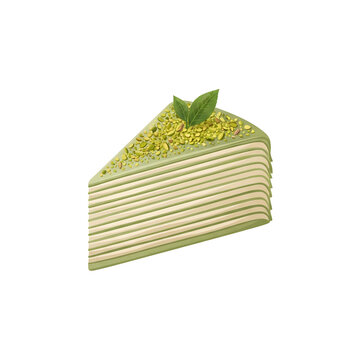Matcha green tea crepe cake slice isolated on white background