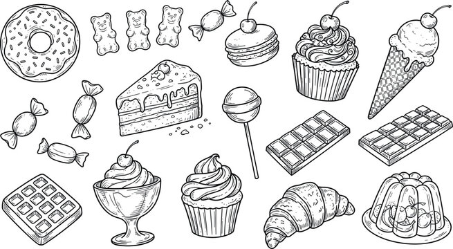 Vintage hand drawn sweet dessert vector illustration element set with cake cupcake donut and chocolate bars