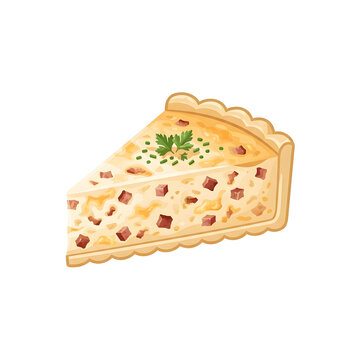 Delicious slice of quiche lorraine with bacon, cheese, and herbs vector illustration isolated on white background