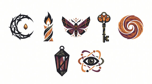 Mystical Gothic Emblem Set Witchy Esoteric Icons Halloween Vector Clipart Isolated White Background