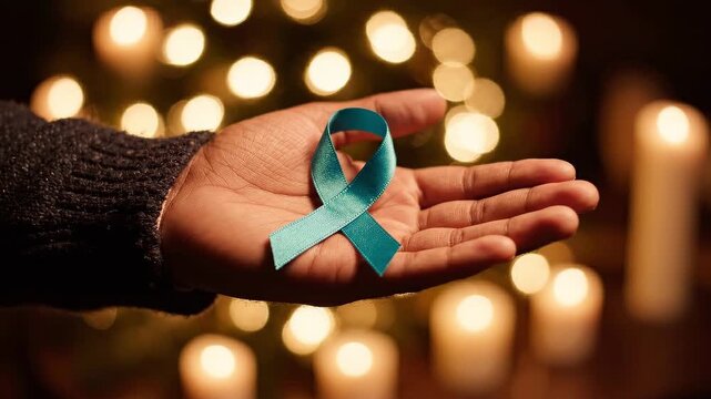 Teal awareness ribbon resting on an open palm, soft bokeh lights slowly shifting in the background
