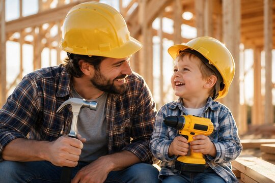 Father and Young Son Wearing Safety Hard Hats with Hammer and Toy Drill at Wooden House Construction Site, Labor Day Family and Skilled Trades Concept