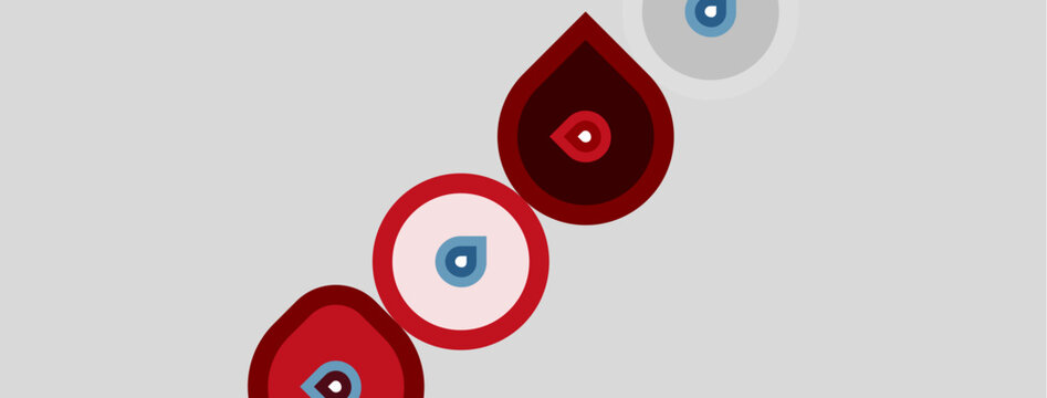 Abstract design features multiple concentric circles, resembling eyes. Red, white, blue hues dominate composition. Minimalist style, clean lines present.