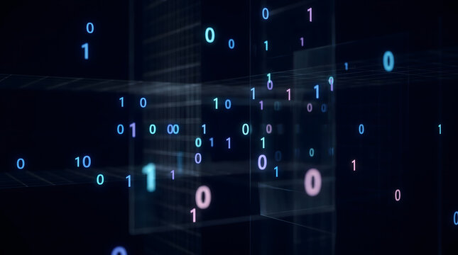 Digital Binary Code Stream Background with Glowing Data Network Information Flow