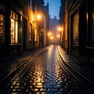 rainy alleyway with wet cobblestones reflecting street lights, narrow cobble pathway framed by historic buildings, low angle view damp pavement, quiet atmosphere, urban scenery with foggy mist,