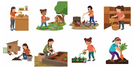 Fototapeta premium Set of diverse children engaged in organic farming, gardening, and sustainable living activities
