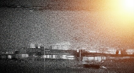 Obraz premium Cinematic grain overlay on a dark landscape scene with heavy noise, grainy texture, and a bright orange light flare in the right corner, creating a moody and nostalgic atmosphere