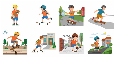 Fototapeta premium Set of vector illustrations featuring a young boy skateboarding to school, performing tricks, and riding with a helmet in various urban settings.