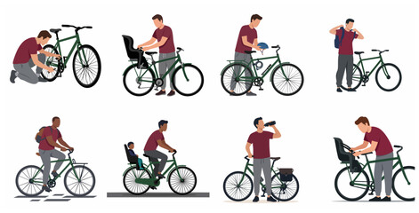 Fototapeta premium Set of flat vector illustrations of a man using a bicycle for various activities like commuting, repairing, installing a child seat, and exercising.