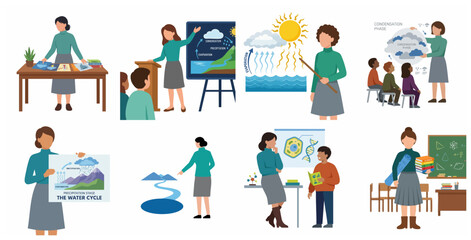 Fototapeta premium Set of Teacher Character Explaining Science, Biology and Water Cycle Diagrams to Students in School Classroom Environment