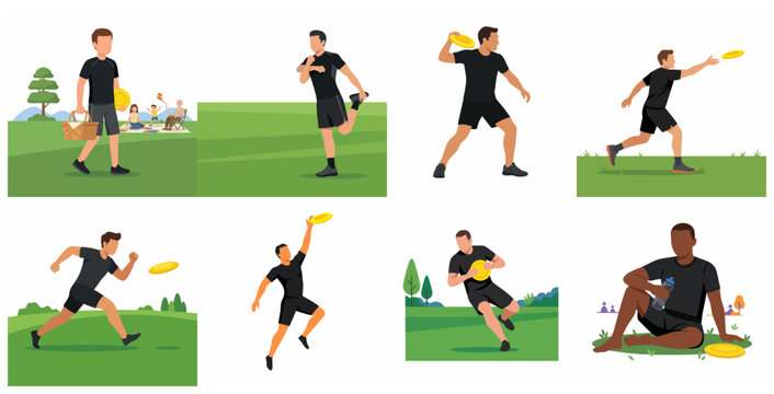 Men Playing Ultimate Frisbee in the Park Illustration Set, Featuring Actions Like Throwing, Catching, Running, and Stretching for Outdoor Sports Activities