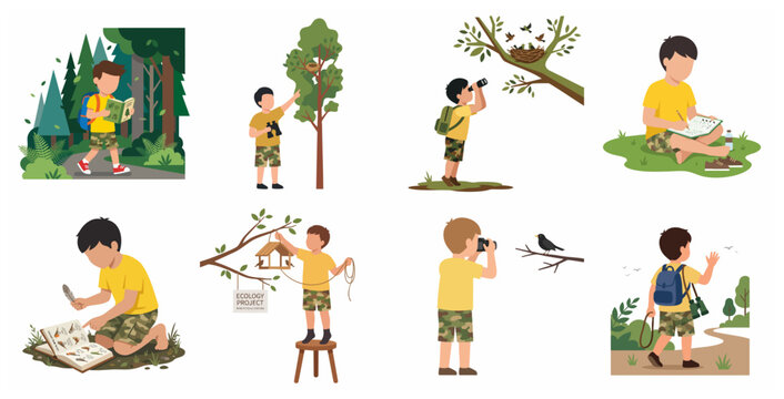 Kids outdoor activities and birdwatching set. Young boys exploring nature, hiking in forest, bird feeding, and studying ecology. Flat vector illustration collection for educational design.