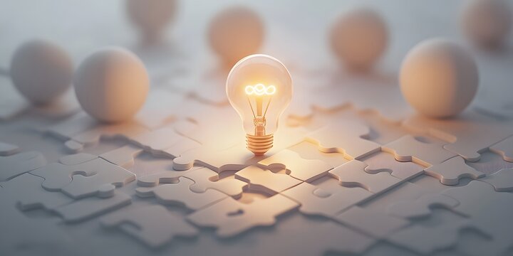 Illuminated Light Bulb Centerpiece on Puzzle Pieces with Spherical Objects Background