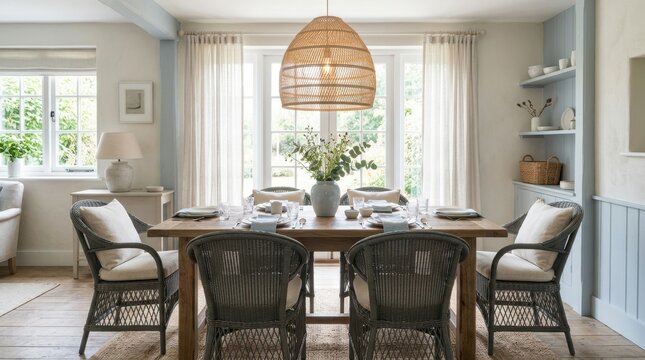 Elegant dining room with wicker chairs and a large rattan pendant light