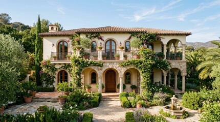 Naklejka premium Elegant Mediterranean villa with lush gardens and a charming fountain on a sunny day