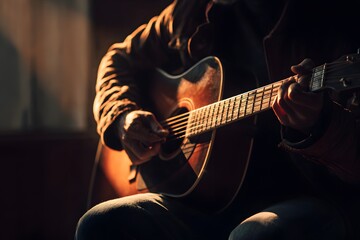 Fototapeta premium Man Playing Acoustic Guitar in Warm Light, Cozy Indoor Setting
