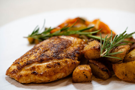 Gebratenes Maish&auml;hnchen mit Rosmarinkartoffeln und mediterranem Gem&uuml;se