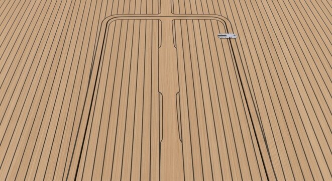 Close up view of wooden boat deck flooring with parallel brown planks and black caulking lines, rectangular hatch cover in the center, nautical construction, marine architecture, teak