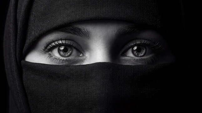Close-up portrait of a woman wearing a black niqab focusing on her expressive eyes