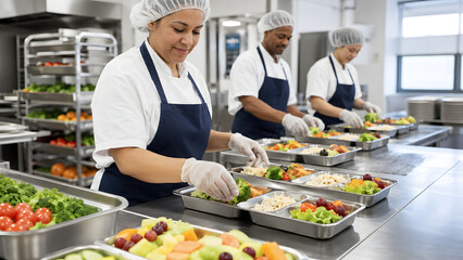 Obraz premium Kitchen Staff Plating School Meals on Assembly Line