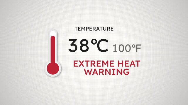 Animated thermometer rising to 38C 100F with flashing extreme heat warning, heat wave temperature alert