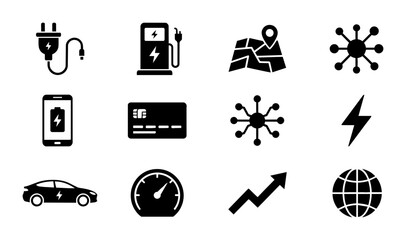Obraz premium Electric Vehicle Icons Set, EV Charging, Map Navigation, Credit Card Payment, Speedometer, Growth Chart, Global Network, Technology Symbols