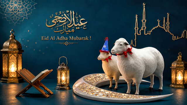 Eid Al Adha Mubarak 3D Illustration with Sheep, Quran and Islamic Lanterns